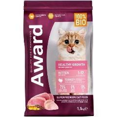 Изображение товара Корм сухой AWARD Healthy growth для котят от 1 месяца, беременных и кормящих кошек с индейкой и курицей с добавлением рыбьего жира и семян льна 1,5кг
