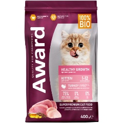 Изображение товара Корм сухой AWARD Healthy growth для котят от 1 месяца, беременных и кормящих кошек с индейкой и курицей с добавлением рыбьего жира и семян льна 400г
