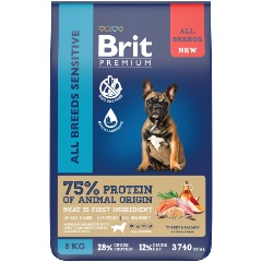 Изображение товара Корм сухой Brit Premium Dog Sensitive для взрослых собак всех пород с чувствительным пищеварением, с лососем и индейкой 8 кг