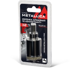 Изображение товара Коронка алмазная METALLICA Ultra 32х70 мм, #46, с сверлом, по керамограниту, плитке, в блистере.