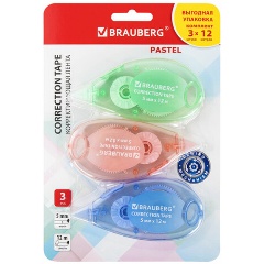 Изображение товара Корректирующая лента BRAUBERG PASTEL 5 мм x 12 м, 3 шт в блистере