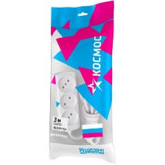 Изображение товара Удлинитель Космос 3х3м 6А IP20 ПВС 2х0.75 с 3 розетками евро и креплением на стену