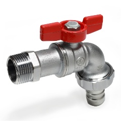 Изображение товара Кран шаровой Giacomini, R620, 1", Н, ручка-бабочка красная, хромированный, для садового шланга с выводом для резин. шланга