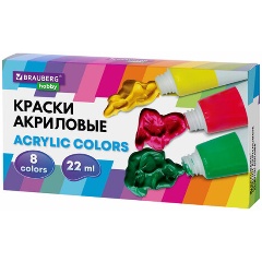 Изображение товара Краски акриловые художественные 8 цветов в тубах по 22 мл, BRAUBERG HOBBY, 192405