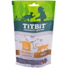 Изображение товара Лакомство для кошек TitBit Хрустящие подушечки с лососем для здоровья шерсти 60 г.