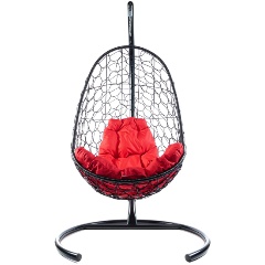 Изображение товара Подвесное кресло кокон Овал с ротангом и стойкой, черное + красная подушка