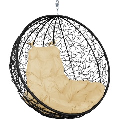Изображение товара Подвесное кресло М-GROUP КРУГ с ротангом, черное, бежевая подушка, без стойки