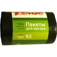 Изображение товара Мешки для мусора ПВД 60л 25мкм 30шт/рул черные 60x90см Комус с ручками