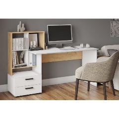Изображение товара Компьютерный угловой стол МИКОН СКМ-5 дуб крафт белый бежевый с тумбой и полками