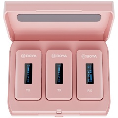 Изображение товара Беспроводной микрофон BOYA BY-XM6-K2P Розовая Миниатюрная 2,4 ГГц Двухканальная беспроводная микрофонная система в зарядном кейсе.