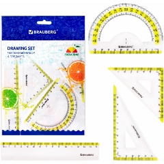 Изображение товара Набор чертежный малый BRAUBERG "FRESH ZONE" (линейка 15 см, 2 треугольника, транспортир), желтая шкала, 210762