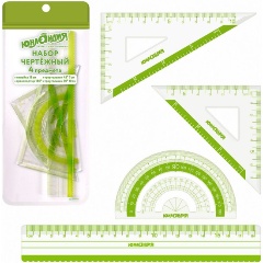 Изображение товара Набор чертежный ЮНЛАНДИЯ "ГЕОМЕТРИЯ" (линейка 18 см, 2 треугольника, транспортир), зеленая шкала