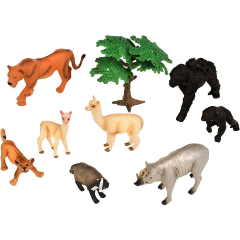 Изображение товара Набор фигурок Masai Mara MM211-262 серии "Мир диких животных": 2 гориллы, 2 альпаки, 2 льва, барсук, бабирусса, дерево (набор из 9 предметов)