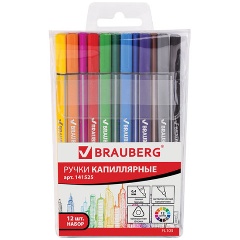 Изображение товара Набор капиллярных ручек Brauberg Aero 12 шт, супертонкий металлический наконечник 0.4 мм, трехгранный корпус