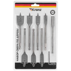 Изображение товара Набор сверл перовых по дереву KRANZ 7 сверл (14-30х152 мм) с удлинителем и ключом угловым