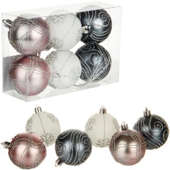 Изображение товара Набор елочных игрушек Веселый рисунком 6 см, 6 шт, розовый+белый+серый