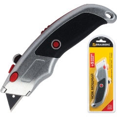 Изображение товара Нож канцелярский Brauberg 18 мм мощный, металлический корпус, фиксатор, автозамена лезвия, + 5 лезвий