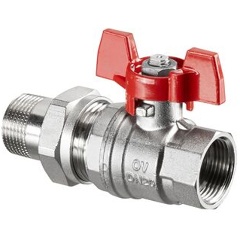 Изображение товара Кран шаровой Oventrop Optibal, полнопроходной, DN-32, 1 1/4", НВ, PN, бар-16, ручка-бабочка, латунь, никелированный, с ниппелем и НГ