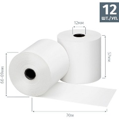 Изображение товара Чековая лента из термобумаги 57 мм (диаметр 66-69 мм, намотка 70 м, втулка 12 мм, 12 штук в упаковке)