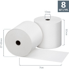 Изображение товара Чековая лента из термобумаги 80 мм (диаметр 67-69 мм, намотка 74 м, втулка 12 мм, 8 штук в упаковке)