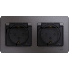 Изображение товара Розетка SCHNEIDER ELECTRIC GLOSSA двойная с заземлением, со шторками, в сборе, IP44, Графит, GSL001347