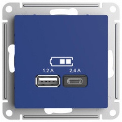 Изображение товара Розетка Systeme Electric (Schneider Electric) AtlasDesign USB A+С, 5В/2,4А, 2х5В/1,2А, механизм, Аквамарин, ATN001139