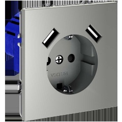 Изображение товара Розетка встраиваемая Voltum S70 с заземлением и защитными шторками, 16А, с USB, A+A, (сталь) VLS040405