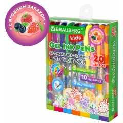 Изображение товара Гелевые ручки с грипом АРОМАТИЗИРОВАННЫЕ, НАБОР 20 ЦВЕТОВ, "FRUITS", линия письма 0,5 мм, BRAUBERG KIDS, 143824