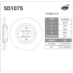 Изображение товара Диск тормозной передний SANGSIN BRAKE для Hyundai Santa Fe 2006->, SD1075, 1 шт