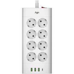 Изображение товара Сетевой фильтр AGNI плоский 8 розеток,кабель 5м,3USB,1TYPE-C 20W,белый