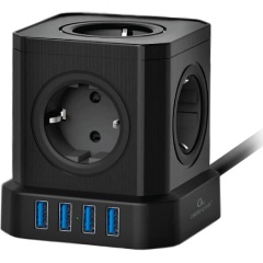 Изображение товара Сетевой фильтр Cablexpert Tower 5 розеток, 10А, 4хUSB, 3.1А, 2м, черный, коробка (TWR-5-U4-B-2)