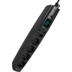 Изображение товара Сетевой фильтр ЭРА с надёжной защитой, заземл. и выкл. 5 розеток 2м 2xUSB 10А, Чёрный, SFU-5es-2m-B (C0043326)