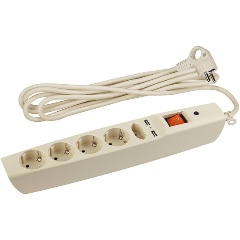 Изображение товара Сетевой фильтр ЭРА с надёжной защитой, заземл. и выкл. 5 розеток 2xUSB 2м 10А, Слоновая кость, SFU-5es-2m-I (C0043328)