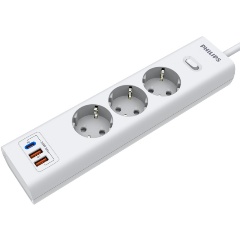 Изображение товара Сетевой фильтр Philips 3 Розетки с USB PD/QC3.0 (5/9/12В) 20Вт кабель - 3M белый
