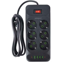 Изображение товара Сетевой удлинитель с USB Amper JH-1076U-4B 6 розеток, 4usb, 2Type-C, 2500 Вт, 10А, 4,0м, черный.