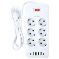 Изображение товара Сетевой удлинитель с USB Amper JH-1076U-4W 6 розеток, 4usb, 2Type-C, 2500 Вт, 10А, 4,0м, белый.