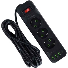 Изображение товара Сетевой удлинитель с USB Amper JH-1081U-4B 3 розетки, 3usb, 1Type-C, 2500 Вт, 10А, 4,0м, черный.