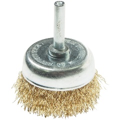 Изображение товара Щетка для дрели ЭВРИКА ER-30050: 50мм "Чашка" со шпилькой 6мм, латунированная стальная проволока 0,3мм (макс. 4500 об/мин.)