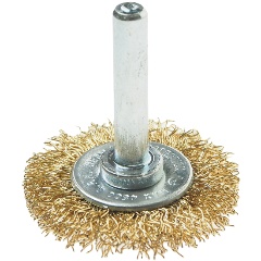 Изображение товара Щетка для дрели ЭВРИКА ER-31038: 38мм "Плоская" со шпилькой 6мм, латунированная стальная проволока 0,3мм (макс. 4500 об/мин.)