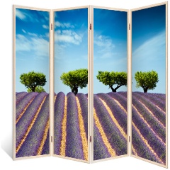 Изображение товара Ширма перегородка ДЕКОР ДЕПО для комнаты деревянная "Лавандовое поле" двухсторонняя с картинкой (природа) 4 створки кремовый дуб 176х185 см 14 кг