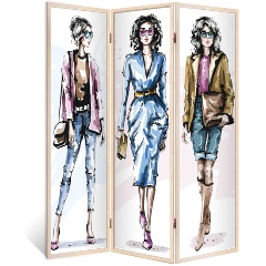 Изображение товара Ширма перегородка ДЕКОР ДЕПО для комнаты деревянная "Модная девушка" двухсторонняя с картинкой (мода и красота) 3 створки кремовый дуб 176х140 см 11 кг