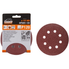 Изображение товара Шлифлист 125мм круг Р40 д/дерева 8 отв. 5шт. GEPARD (GP5001-40) (круг абразивный шлифовальный перфорированный)