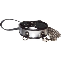 Изображение товара Стильный ошейник с металлической вставкой и поводком 4 см черный