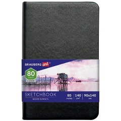 Изображение товара Скетчбук белая бумага 140 г/м2 90х140 мм, 80 л., КОЖЗАМ, резинка, BRAUBERG ART CLASSIC, черный, 113180