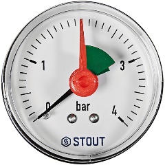 Изображение товара Манометр STOUT аксиальный с указателем предела. Корпус Dn 50 мм 1/4 , 0...4 бар, кл.2.5