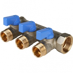 Изображение товара Коллектор STOUT с шаровыми кранами 3/4", 3 отвода 1/2" (синие ручки)
