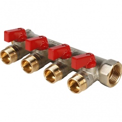 Изображение товара Коллектор STOUT с шаровыми кранами 3/4", 4 отвода 1/2" (красные ручки)