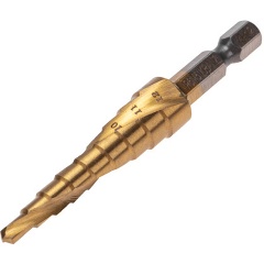 Изображение товара Сверло ступенчатое KRANZ, 4-5-6-7-8-9-10-11-12мм, Р6М5, ТИТАН, шестигр. хвостовик