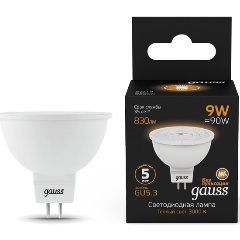 Изображение товара Светодиодная лампа Gauss MR16 9W 830lm 3000K GU5.3 LED (упак 10шт)