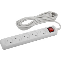 Изображение товара Удлинитель электрический ЭРА без заземл. с выкл. 5 розеток 3м ПВС 2x1 10А, Белый, U-5s-3m-2x1 (Б0044056)